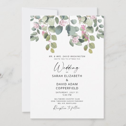 Invitation Eucalyptus et Mariage rose (Devant)