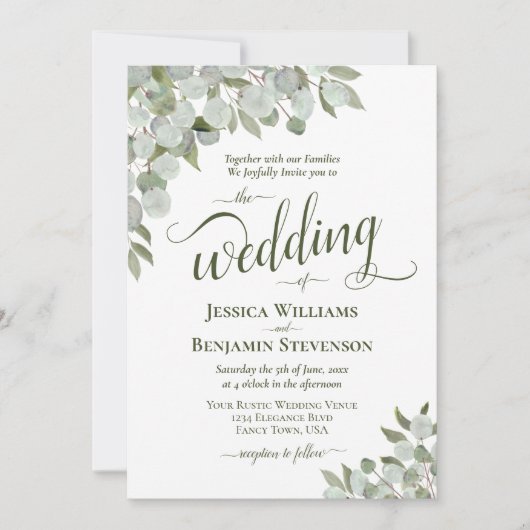 Invitation Eucalyptus et verdure Code QR élégant pour mariage (Devant)