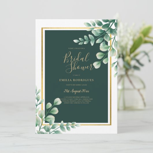 Invitation Eucalyptus FÊTE DES MARIÉES Verdure Or QR Code Inv (Debout devant)