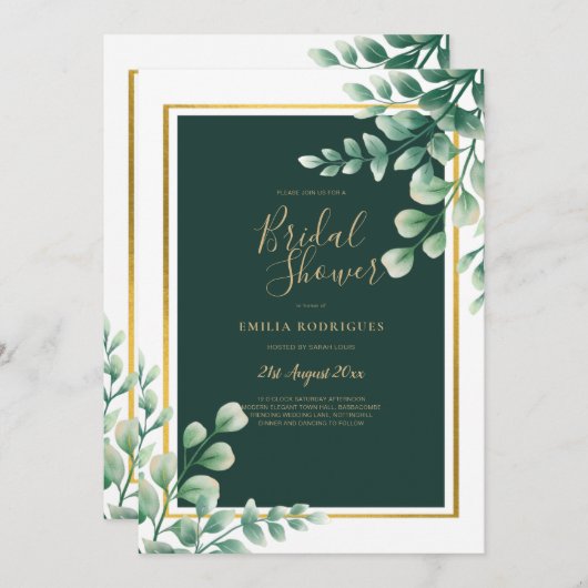 Invitation Eucalyptus FÊTE DES MARIÉES Verdure Or QR Code Inv (Devant / Derrière)