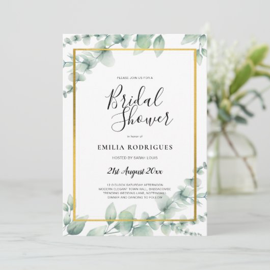 Invitation Eucalyptus FÊTE DES MARIÉES Verdure Or QR Code Inv (Debout devant)