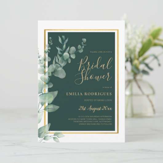 Invitation Eucalyptus FÊTE DES MARIÉES Verdure Or QR Code Inv (Debout devant)