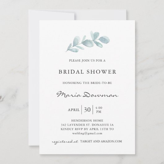 Invitation Eucalyptus feuillage aéré Elégant Fête des mariées (Devant)