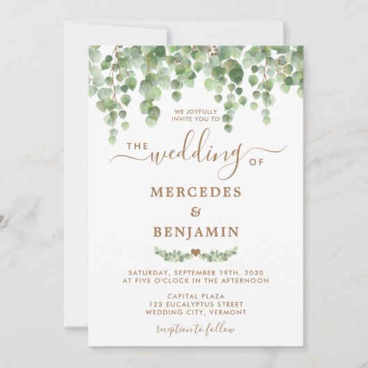 Invitation Eucalyptus Feuillage Elégant Mariage Or (Devant)