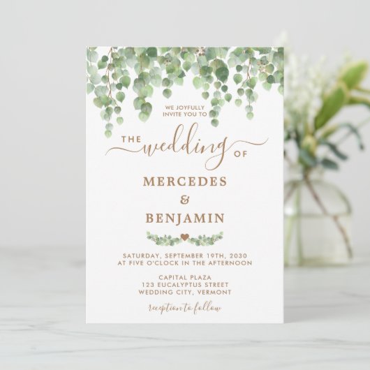 Invitation Eucalyptus Feuillage Elégant Mariage Or (Debout devant)