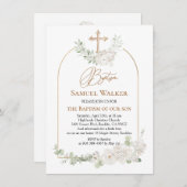 Invitation Eucalyptus Feuillage Floral Angel Croix Baptême (Devant / Derrière)