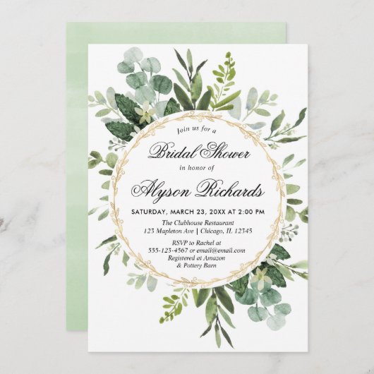 Invitation Eucalyptus feuillage nuptiale douche verte moderne (Devant / Derrière)