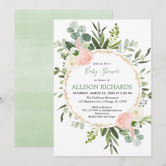 Invitation Eucalyptus feuillage or rose baby shower fille (Devant / Derrière)