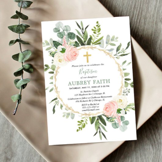 Invitation Eucalyptus feuillage rose élégante fille baptême