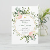 Invitation Eucalyptus feuillage rose élégante fille baptême (Debout devant)