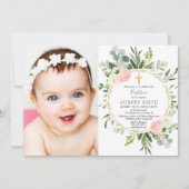 Invitation Eucalyptus feuillage rose élégante fille de baptêm (Devant)