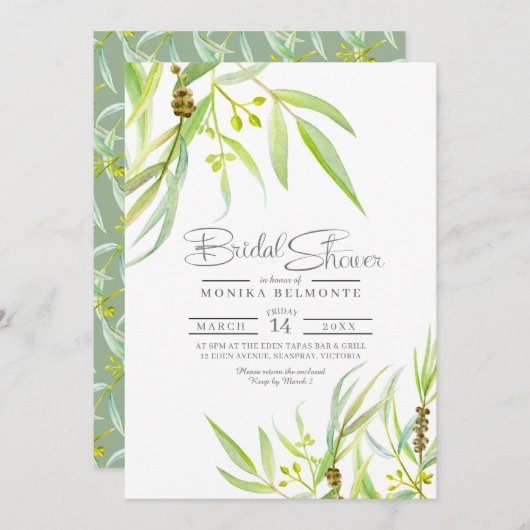 Invitation Eucalyptus feuille douche nuptiale aquarelle (Devant / Derrière)