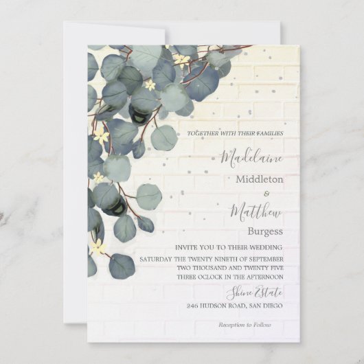 Invitation Eucalyptus Feuille Floral Brick Rustique Mariage (Devant)
