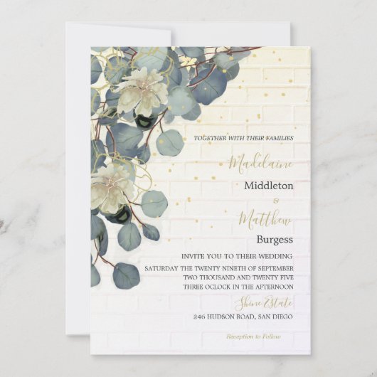 Invitation Eucalyptus Feuille Floral Brick Rustique Mariage o (Devant)