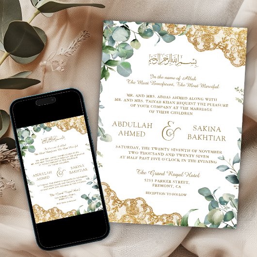 Invitation Eucalyptus Feuille Gold Lace QR Code Mariage musul