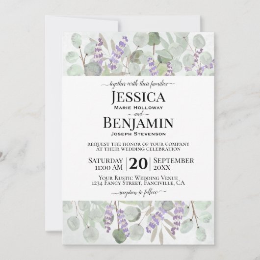Invitation Eucalyptus Feuille Lavender Fleurs Mariage rustiqu (Devant)