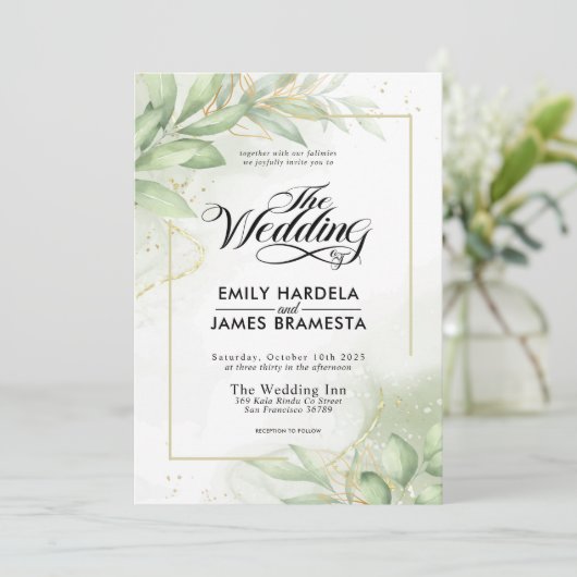 Invitation Eucalyptus Feuille Mariage d'aquarelle or vert (Debout devant)
