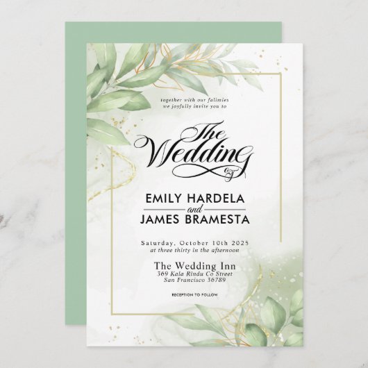Invitation Eucalyptus Feuille Mariage d'aquarelle or vert (Devant / Derrière)