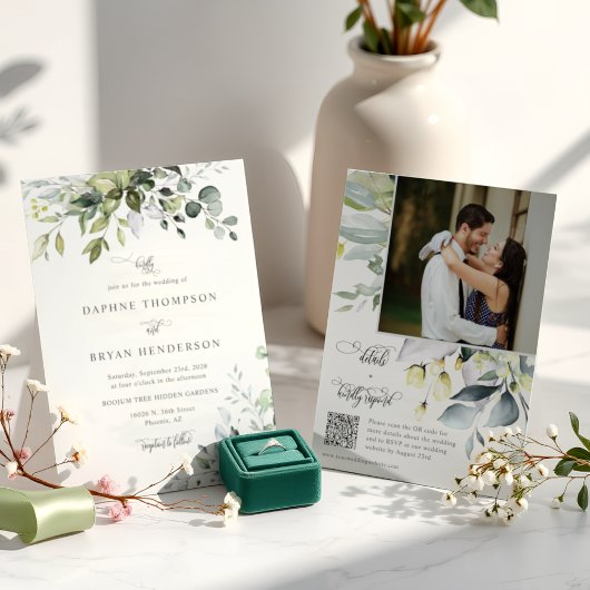 Invitation Eucalyptus Feuille Mariage de verdure QR Code Phot