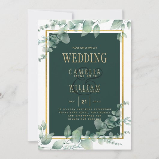 Invitation Eucalyptus Feuille MARIAGE vert OR QR CODE (Devant)