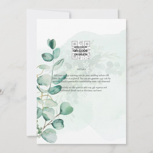 Invitation Eucalyptus Feuille Mariage vert QR CODE Moderne (Dos)
