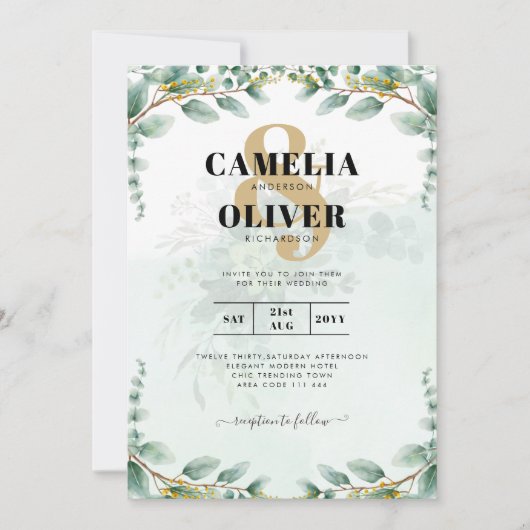 Invitation Eucalyptus Feuille OR MARIAGE QR CODE BUDGET (Devant)