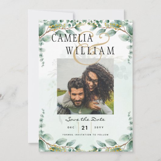 Invitation Eucalyptus Feuille OR MARIAGE QR CODE BUDGET (Devant)