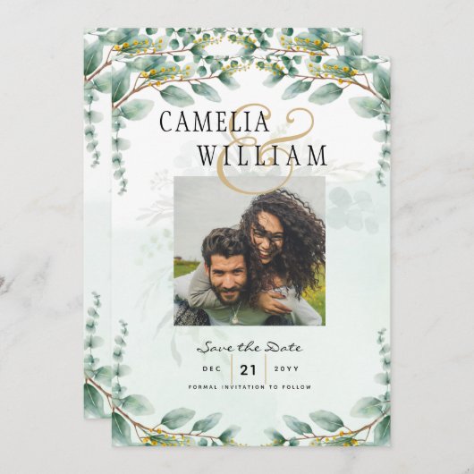 Invitation Eucalyptus Feuille OR MARIAGE QR CODE BUDGET (Devant / Derrière)