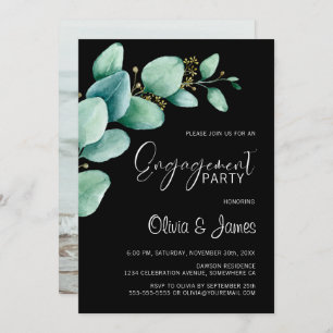 Invitation Eucalyptus Feuille photo Black Engagement Party