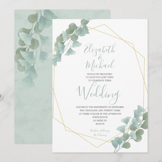 Invitation Eucalyptus Feuilles Géométrique Été Mariage élégan (Devant / Derrière)
