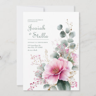 Invitation Eucalyptus Fleur Rose Pailleté Or Aquarelle