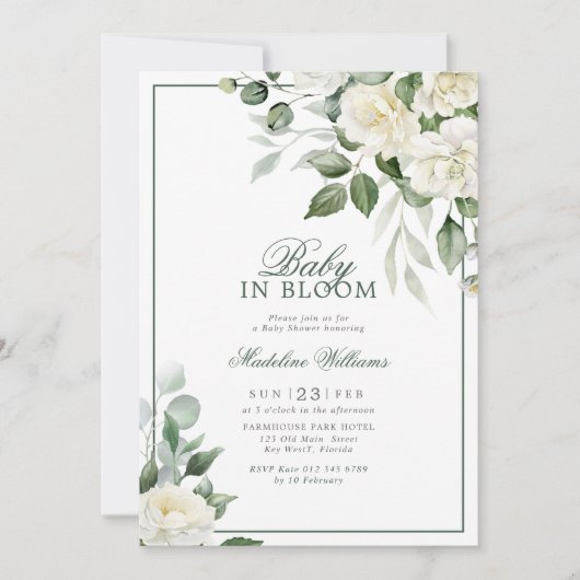 Invitation Eucalyptus Fleurs blanches bébé en fleurs Douche (Devant)