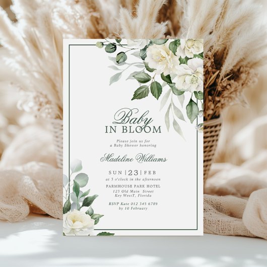 Invitation Eucalyptus Fleurs blanches bébé en fleurs Douche