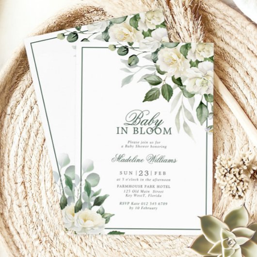 Invitation Eucalyptus Fleurs blanches bébé en fleurs Douche
