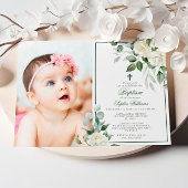 Invitation Eucalyptus Fleurs Blanches Photo Girl Baptême