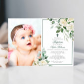 Invitation Eucalyptus Fleurs Blanches Photo Girl Baptême