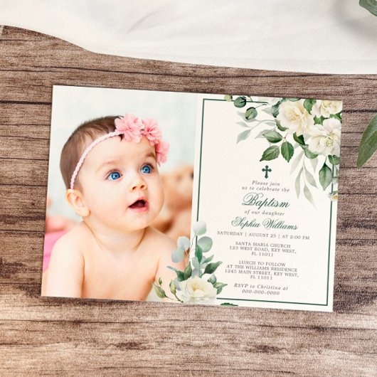 Invitation Eucalyptus Fleurs Blanches Photo Girl Baptême