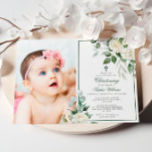 Invitation Eucalyptus Fleurs Blanches Photo Girl Christening