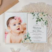 Invitation Eucalyptus Fleurs Blanches Photo Girl Christening