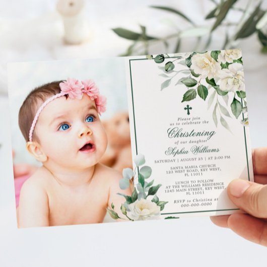 Invitation Eucalyptus Fleurs Blanches Photo Girl Christening