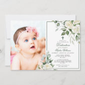 Invitation Eucalyptus Fleurs blanches Photo Girl Dedication (Devant)