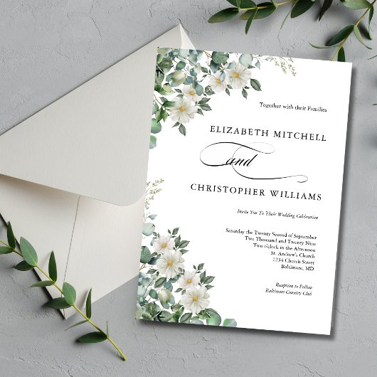 Invitation Eucalyptus Fleurs blanches Verdure Mariage élégant