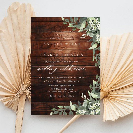 Invitation Eucalyptus Floral Greenery Rustic Wood Wedding