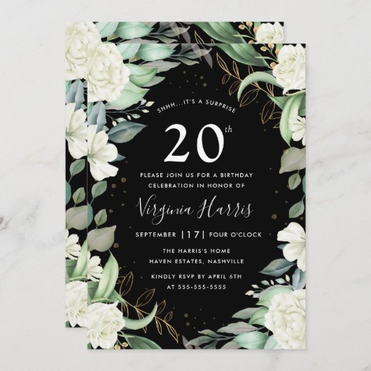 Invitation Eucalyptus Floral Noir Vingt-dixième anniversaire (Devant / Derrière)