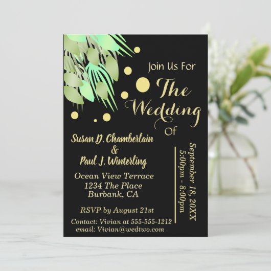 Invitation Eucalyptus floral Vert Mariage noir & or (Debout devant)