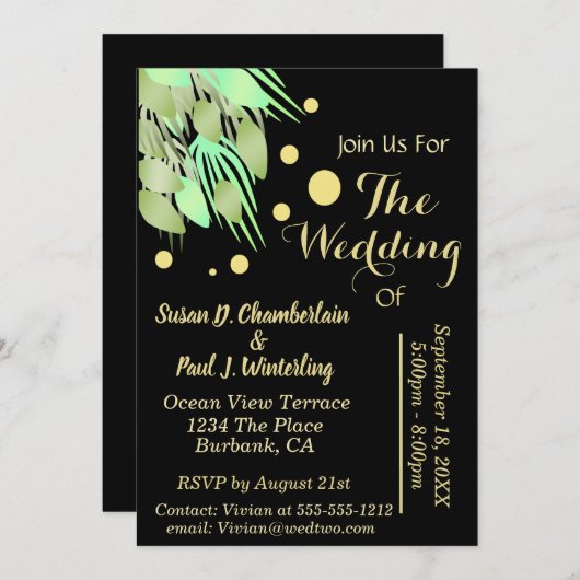 Invitation Eucalyptus floral Vert Mariage noir & or (Devant / Derrière)