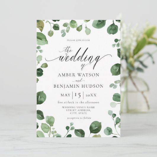 Invitation Eucalyptus Foliage Aquarelle Verdure Mariage (Debout devant)