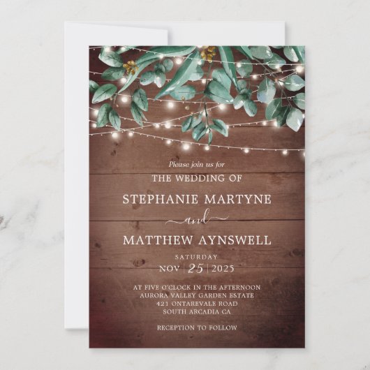 Invitation Eucalyptus Foliage Lumières rustiques Mariage en b (Devant)