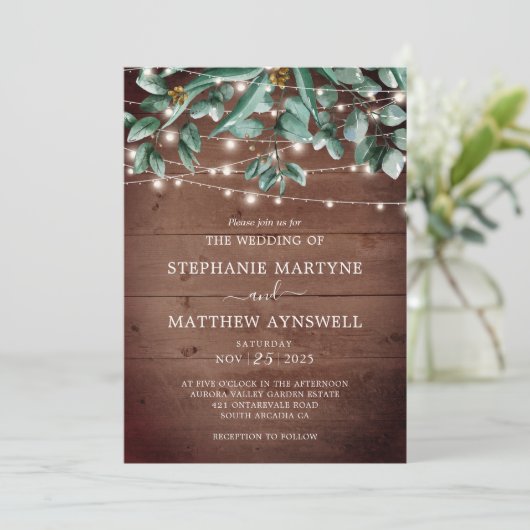 Invitation Eucalyptus Foliage Lumières rustiques Mariage en b (Debout devant)