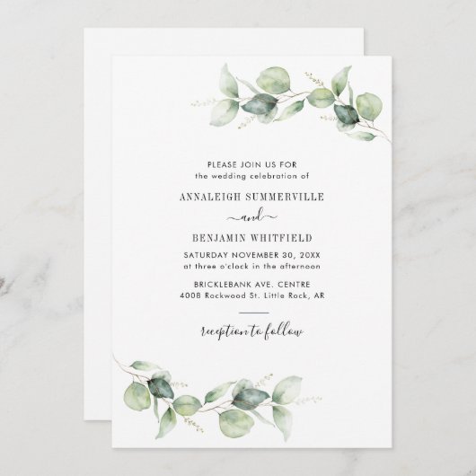 Invitation Eucalyptus Foliage Vert Mariage rustique (Devant / Derrière)